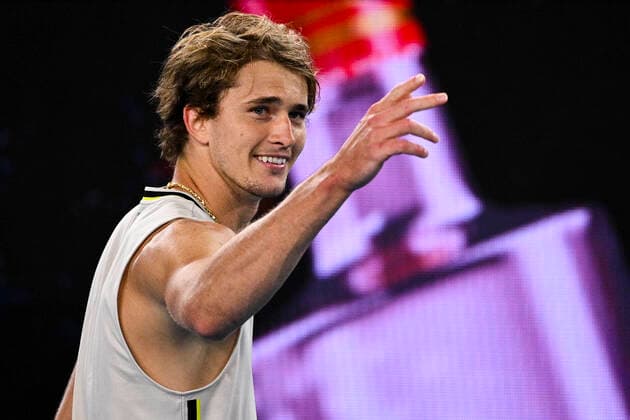 TENNIS AUSTRALIAN OPEN, Alexander Zverev of Germany reacts after winning his fourth Round Men s singles match against Dusan Lajovic of Serbia on Day 7 of the Australian Open at Melbourne Park in Melbourne, Sunday, February 14, 2021. ( NO ARCHIVING, EDITORIAL USE ONLY, NO USE IN BOOKS WITHOUT CONSENT MELBOURNE VIC AUSTRALIA  Copyright: xDEANxLEWINSx 20210214001520515442