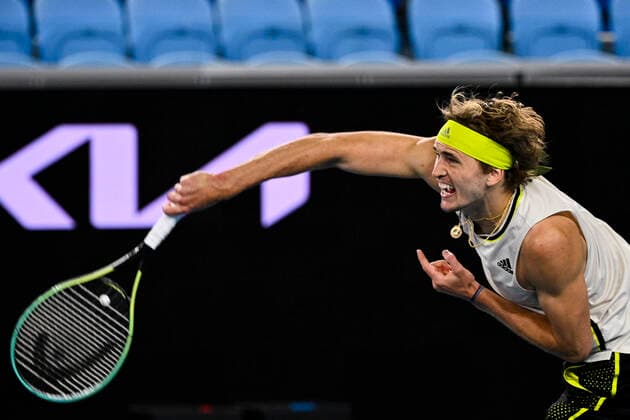 TENNIS AUSTRALIAN OPEN, Alexander Zverev of Germany in action during his fourth Round Men s singles match against Dusan Lajovic of Serbia on Day 7 of the Australian Open at Melbourne Park in Melbourne, Sunday, February 14, 2021. ( NO ARCHIVING, EDITORIAL USE ONLY, NO USE IN BOOKS WITHOUT CONSENT MELBOURNE VIC AUSTRALIA  Copyright: xDEANxLEWINSx 20210214001520516360