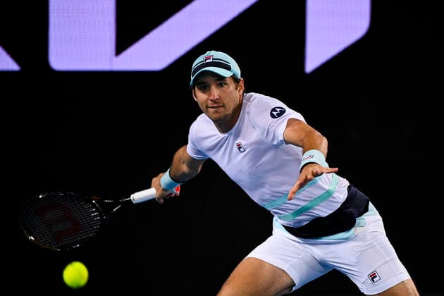 TENNIS AUSTRALIAN OPEN, Dusan Lajovic of Serbia in action during his fourth Round Men s singles match against Alexander Zverev of Germany on Day 7 of the Australian Open at Melbourne Park in Melbourne, Sunday, February 14, 2021. ( NO ARCHIVING, EDITORIAL USE ONLY, NO USE IN BOOKS WITHOUT CONSENT MELBOURNE VIC AUSTRALIA  Copyright: xDEANxLEWINSx 20210214001520516485