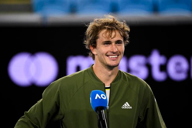 TENNIS AUSTRALIAN OPEN, Alexander Zverev of Germany reacts during a post match interview after winning his fourth Round Men s singles match against Dusan Lajovic of Serbia on Day 7 of the Australian Open at Melbourne Park in Melbourne, Sunday, February 14, 2021. ( NO ARCHIVING, EDITORIAL USE ONLY, NO USE IN BOOKS WITHOUT CONSENT MELBOURNE VIC AUSTRALIA  Copyright: xDEANxLEWINSx 20210214001520517126