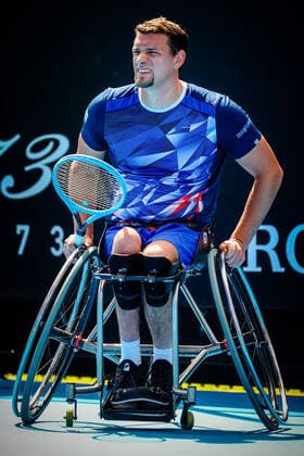 Joachim Gerard pictured in action during a tennis match between Belgian Joachim Gerard and French Stephane Houdet, in the quarttersfinals of the men s singles wheelchair competition of the Australian Open tennis Grand Slam, Sunday 14 February 2021 in Melbourne Park, Melbourne, Australia. PATRICKxHAMILTON  x2644447x