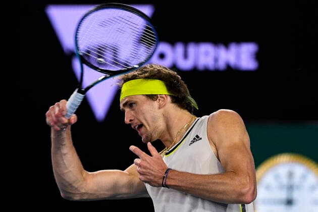 TENNIS AUSTRALIAN OPEN, Alexander Zverev of Germany in action during his fourth Round Men s singles match against Dusan Lajovic of Serbia on Day 7 of the Australian Open at Melbourne Park in Melbourne, Sunday, February 14, 2021. ( NO ARCHIVING, EDITORIAL USE ONLY, NO USE IN BOOKS WITHOUT CONSENT MELBOURNE VIC AUSTRALIA  Copyright: xDEANxLEWINSx 20210214001520522306