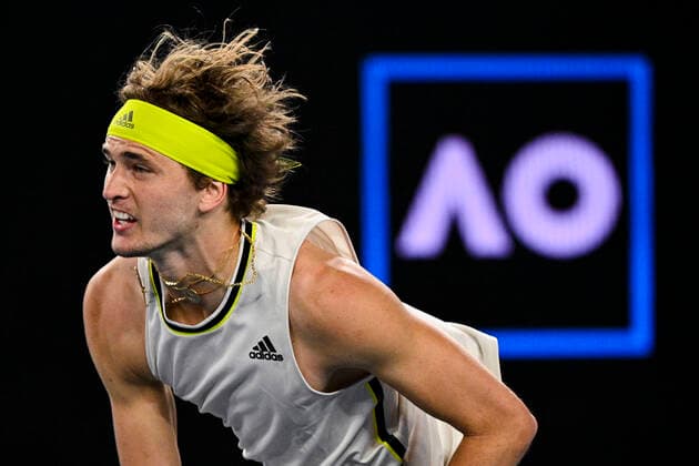TENNIS AUSTRALIAN OPEN, Alexander Zverev of Germany in action during his fourth Round Men s singles match against Dusan Lajovic of Serbia on Day 7 of the Australian Open at Melbourne Park in Melbourne, Sunday, February 14, 2021. ( NO ARCHIVING, EDITORIAL USE ONLY, NO USE IN BOOKS WITHOUT CONSENT MELBOURNE VIC AUSTRALIA  Copyright: xDEANxLEWINSx 20210214001520522396