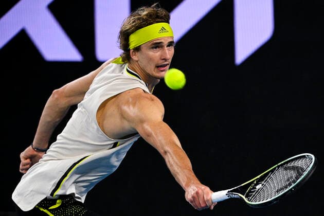 TENNIS AUSTRALIAN OPEN, Alexander Zverev of Germany in action during his fourth Round Men s singles match against Dusan Lajovic of Serbia on Day 7 of the Australian Open at Melbourne Park in Melbourne, Sunday, February 14, 2021. ( NO ARCHIVING, EDITORIAL USE ONLY, NO USE IN BOOKS WITHOUT CONSENT MELBOURNE VIC AUSTRALIA  Copyright: xDEANxLEWINSx 20210214001520522422
