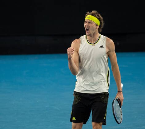 (210214) -- MELBOURNE, Feb. 14, 2021 -- Alexander Zverev reacts during the men s singles 4th round match between Alexander Zverev of Germany and Dusan Lajovic of Serbia at the Australian Open 2021 tennis tournament in Melbourne Park, Melbourne, Australia, on Feb. 14, 2021 (Photo by Xinhua) (SP)AUSTRALIA-MELBOURNE-TENNIS-AUSTRALIAN OPEN-DAY 7 HuxJingchen 