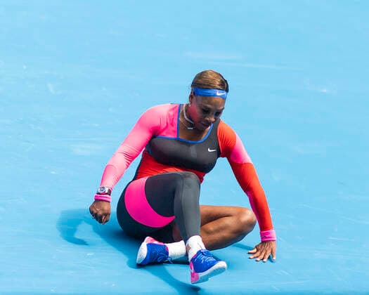 Serena Williams USA sits on the court after a fall, Copyright: xJuergenxHasenkopfx