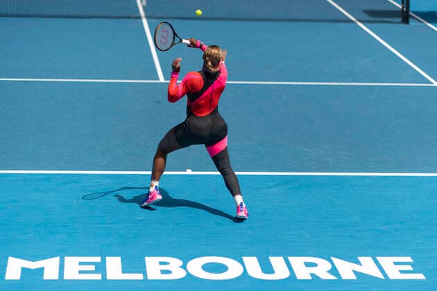 Serena Williams USA and Melbourne logo on the court, back view, from behind Copyright: xJuergenxHasenkopfx