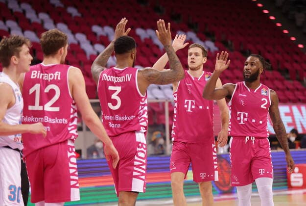 Kilian Binapfl, James Thompson IV, Strahinja Micovic, Xavier Pollard Telekom Baskets Bonn after win vs Syntainics MBC easyCredit BBL 1 Bundesliga , 2020 2021 season , matchday 19.