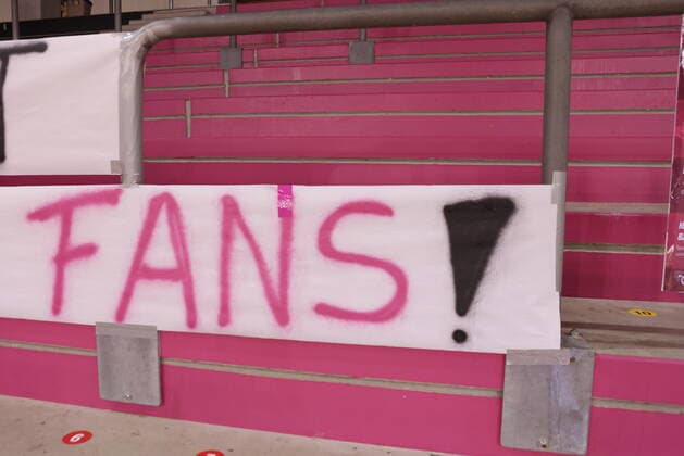 Empty grandstand with banner fans at the spiuel Telekom Baskets Bonn vs Syntainics MBC easyCredit BBL 1 Bundesliga , season 2020 2021 , matchday 19