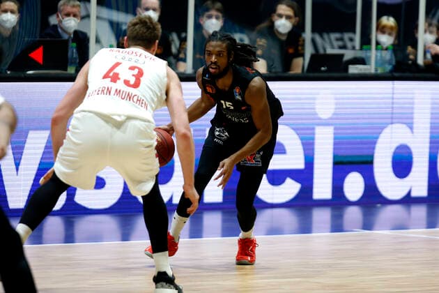 14 02 2021, easyCredit Basketball Bundesliga, BBL, season 2020 2021, men, Chemnitz Niners FC Bayern Munich Basketball Marcus Thornton, Niners Chemnitz Chemnitz Fair Chemnitz Saxony Germany