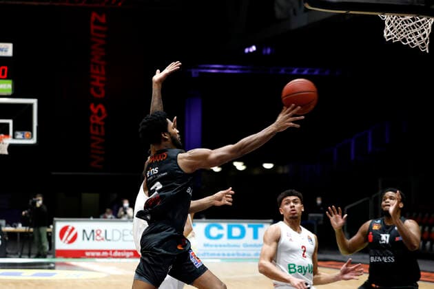 14 02 2021, easyCredit Basketball Bundesliga, BBL, season 2020 2021, men, Chemnitz Niners FC Bayern Munich Basketball Terrell Harris, Niners Chemnitz Chemnitz Fair Chemnitz Saxony Germany