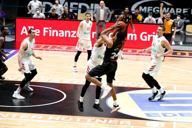 14 02 2021, easyCredit Basketball Bundesliga, BBL, season 2020 2021, men, Chemnitz Niners FC Bayern Munich basketball George King, Niners Chemnitz Chemnitz Fair Chemnitz Saxony Germany