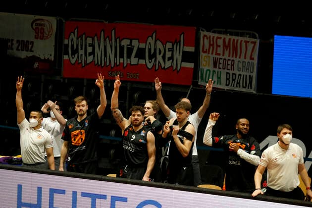 14 02 2021, easyCredit Basketball Bundesliga, BBL, season 2020 2021, men, Chemnitz Niners FC Bayern Munich Basketball Chemnitzer Bank Chemnitz Messe Chemnitz Sachsen Germany