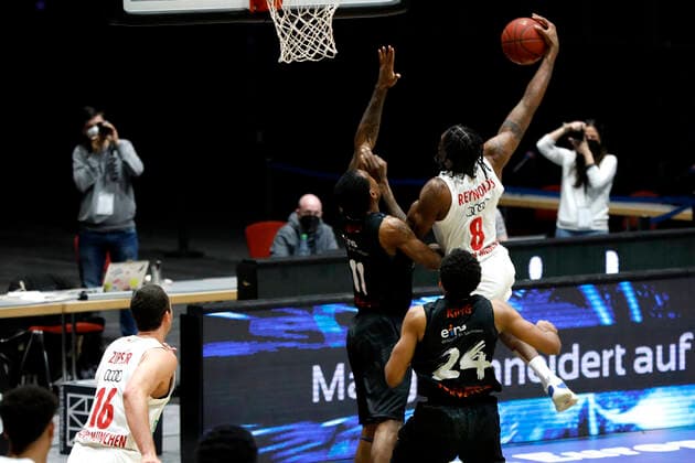14 02 2021, easyCredit Basketball Bundesliga, BBL, season 2020 2021, men, Chemnitz Niners FC Bayern Munich Basketball Jalen Reynolds, FC Bayern Basketball Chemnitz Messe Chemnitz Sachsen Germany