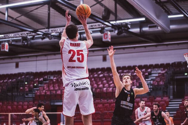 ProA 10 match day Artland Dragons vs Science City Jena, 16 02 2021 Jacob Knauf Artland Dragons, 25 , Robin Carl Lodders Science City Jena, 11 ProA 10 match day Artland Dragons vs Science City Jena on 16 02 2021 in Quakenbrueck Artland Arena , Germany, Copyright: xBEAUTIFULxSPORTS Neddermannx