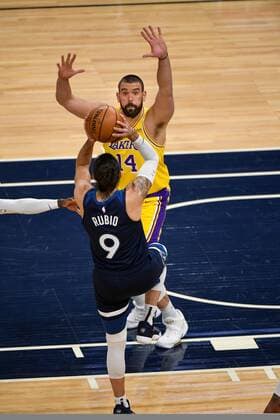 Minnesota Timberwolves guard Ricky Rubio (9) takes a shot over Los Angeles Lakers center Marc Gasol (14) during first half of the NBA, Basketball Herren, USA basketball game between the Los Angeles Lakers and the Minnesota Timberwolves at Target Center in Minneapolis, Minnesota, USA, 16 February 2021. Los Angeles Lakers vs. Minnesota Timberwolves !ACHTUNG: NUR REDAKTIONELLE NUTZUNG!  Copyright: xCRAIGxLASSIGx AME6246 20210217-637491277054253081