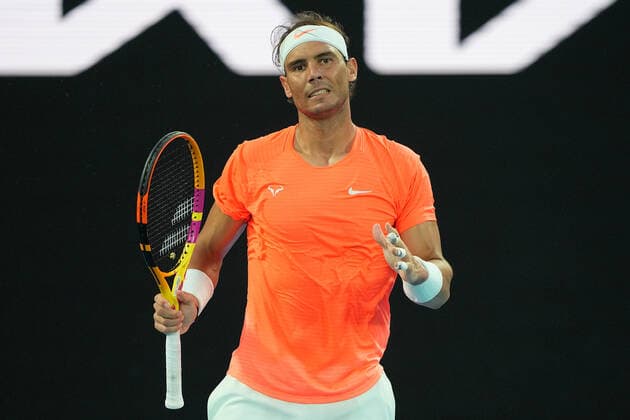 TENNIS AUSTRALIAN OPEN, Rafael Nadal of Spain reacts during his Men s singles quarter finals match against Stefanos Tsitsipas of Greece on Day 10 of the Australian Open at Melbourne Park in Melbourne, Wednesday, February 17, 2021. ( NO ARCHIVING, EDITORIAL USE ONLY, NO USE IN BOOKS WITHOUT CONSENT MELBOURNE VIC AUSTRALIA  Copyright: xDAVExHUNTx 20210217001521176615