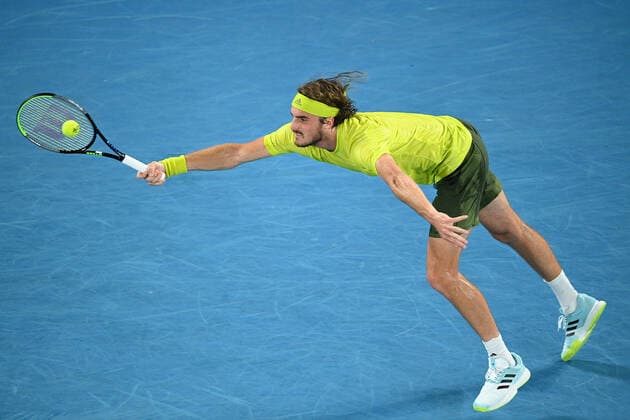 TENNIS AUSTRALIAN OPEN, Stefanos Tsitsipas of Greece in action during his Men s singles quarter finals match against Rafael Nadal of Spain on Day 10 of the Australian Open at Melbourne Park in Melbourne, Wednesday, February 17, 2021.( NO ARCHIVING, EDITORIAL USE ONLY, NO USE IN BOOKS WITHOUT CONSENT MELBOURNE VIC AUSTRALIA  Copyright: xDEANxLEWINSx 20210217001521178578