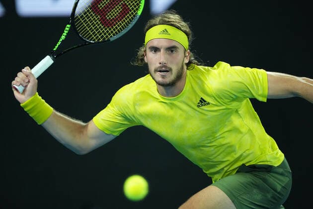 TENNIS AUSTRALIAN OPEN, Stefanos Tsitsipas of Greece in action during his Men s singles quarter finals match against Rafael Nadal of Spain on Day 10 of the Australian Open at Melbourne Park in Melbourne, Wednesday, February 17, 2021. ( NO ARCHIVING, EDITORIAL USE ONLY, NO USE IN BOOKS WITHOUT CONSENT MELBOURNE VIC AUSTRALIA  Copyright: xDAVExHUNTx 20210217001521186490