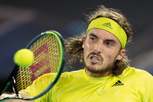 TENNIS AUSTRALIAN OPEN, Stefanos Tsitsipas of Greece in action during his Men s singles quarter finals match against Rafael Nadal of Spain on Day 10 of the Australian Open at Melbourne Park in Melbourne, Wednesday, February 17, 2021. ( NO ARCHIVING, EDITORIAL USE ONLY, NO USE IN BOOKS WITHOUT CONSENT MELBOURNE VIC AUSTRALIA  Copyright: xDAVExHUNTx 20210217001521192786