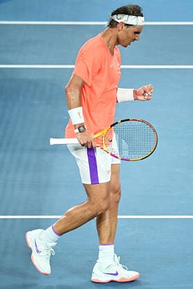 TENNIS AUSTRALIAN OPEN, Rafael Nadal of Spain reacts during his Men s singles quarter finals match against Stefanos Tsitsipas of Greece on Day 10 of the Australian Open at Melbourne Park in Melbourne, Wednesday, February 17, 2021. ( NO ARCHIVING, EDITORIAL USE ONLY, NO USE IN BOOKS WITHOUT CONSENT MELBOURNE VIC AUSTRALIA  Copyright: xDEANxLEWINSx 20210217001521198049