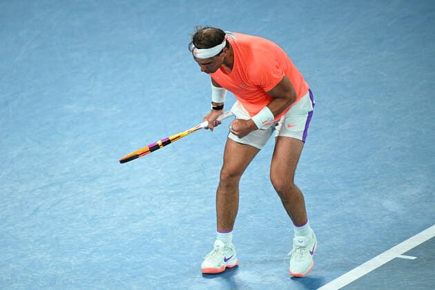 TENNIS AUSTRALIAN OPEN, Rafael Nadal of Spain reacts during his Men s singles quarter finals match against Stefanos Tsitsipas of Greece on Day 10 of the Australian Open at Melbourne Park in Melbourne, Wednesday, February 17, 2021. ( NO ARCHIVING, EDITORIAL USE ONLY, NO USE IN BOOKS WITHOUT CONSENT MELBOURNE VIC AUSTRALIA  Copyright: xDEANxLEWINSx 20210217001521198737