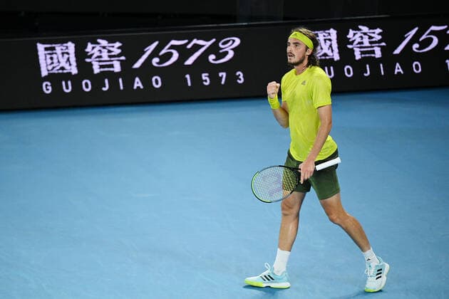 TENNIS AUSTRALIAN OPEN, Stefanos Tsitsipas of Greece reacts during his Men s singles quarter finals match against Rafael Nadal of Spain on Day 10 of the Australian Open at Melbourne Park in Melbourne, Wednesday, February 17, 2021.( NO ARCHIVING, EDITORIAL USE ONLY, NO USE IN BOOKS WITHOUT CONSENT MELBOURNE VIC AUSTRALIA  Copyright: xDEANxLEWINSx 20210217001521199336