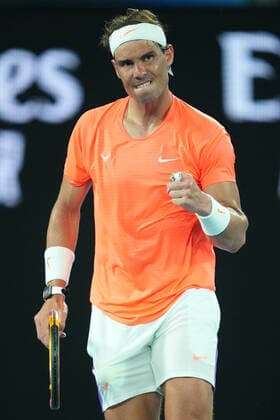 TENNIS AUSTRALIAN OPEN, Rafael Nadal of Spain reacts during his Men s singles quarter finals match against Stefanos Tsitsipas of Greece on Day 10 of the Australian Open at Melbourne Park in Melbourne, Wednesday, February 17, 2021. ( NO ARCHIVING, EDITORIAL USE ONLY, NO USE IN BOOKS WITHOUT CONSENT MELBOURNE VIC AUSTRALIA  Copyright: xDAVExHUNTx 20210217001521201718