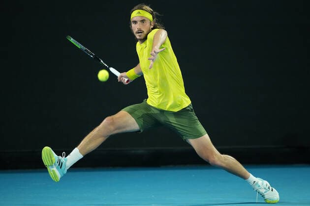 TENNIS AUSTRALIAN OPEN, Stefanos Tsitsipas of Greece in action during his Men s singles quarter finals match against Rafael Nadal of Spain on Day 10 of the Australian Open at Melbourne Park in Melbourne, Wednesday, February 17, 2021. ( NO ARCHIVING, EDITORIAL USE ONLY, NO USE IN BOOKS WITHOUT CONSENT MELBOURNE VIC AUSTRALIA  Copyright: xDAVExHUNTx 20210217001521205582