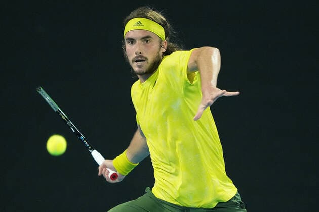 TENNIS AUSTRALIAN OPEN, Stefanos Tsitsipas of Greece in action during his Men s singles quarter finals match against Rafael Nadal of Spain on Day 10 of the Australian Open at Melbourne Park in Melbourne, Wednesday, February 17, 2021. ( NO ARCHIVING, EDITORIAL USE ONLY, NO USE IN BOOKS WITHOUT CONSENT MELBOURNE VIC AUSTRALIA  Copyright: xDAVExHUNTx 20210217001521206425