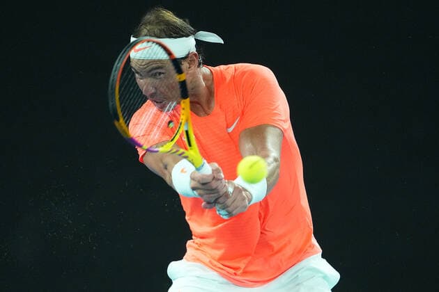 TENNIS AUSTRALIAN OPEN, Rafael Nadal of Spain in action during his Men s singles quarter finals match against Stefanos Tsitsipas of Greece on Day 10 of the Australian Open at Melbourne Park in Melbourne, Wednesday, February 17, 2021. ( NO ARCHIVING, EDITORIAL USE ONLY, NO USE IN BOOKS WITHOUT CONSENT MELBOURNE VIC AUSTRALIA  Copyright: xDAVExHUNTx 20210217001521212634