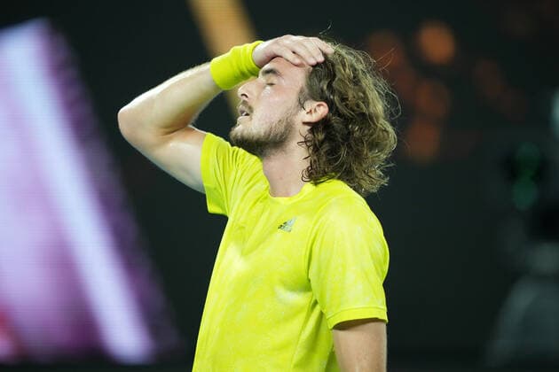 TENNIS AUSTRALIAN OPEN, Stefanos Tsitsipas of Greece reacts after defeating Rafael Nadal of Spain during their Men s singles quarter finals match against on Day 10 of the Australian Open at Melbourne Park in Melbourne, Wednesday, February 17, 2021. ( NO ARCHIVING, EDITORIAL USE ONLY, NO USE IN BOOKS WITHOUT CONSENT MELBOURNE VIC AUSTRALIA  Copyright: xDAVExHUNTx 20210217001521216091
