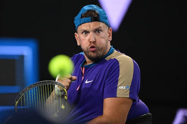 TENNIS AUSTRALIAN OPEN, Dylan Alcott of Australia reacts during his Men?s Quad Wheelchair singles final match against Sam Schroder of the Netherlands on Day 10 of the Australian Open at Melbourne Park in Melbourne, Wednesday, February 17, 2021. ( NO ARCHIVING, EDITORIAL USE ONLY, NO USE IN BOOKS WITHOUT CONSENT MELBOURNE VIC AUSTRALIA  Copyright: xDEANxLEWINSx 20210218001521225913
