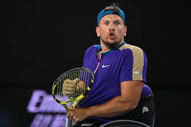 TENNIS AUSTRALIAN OPEN, Dylan Alcott of Australia reacts during his Men?s Quad Wheelchair singles final match against Sam Schroder of the Netherlands on Day 10 of the Australian Open at Melbourne Park in Melbourne, Wednesday, February 17, 2021. ( NO ARCHIVING, EDITORIAL USE ONLY, NO USE IN BOOKS WITHOUT CONSENT MELBOURNE VIC AUSTRALIA  Copyright: xDEANxLEWINSx 20210218001521233629