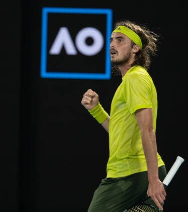 (210217) -- MELBOURNE, Feb. 17, 2021 -- Stefanos Tsitsipas reacts during the men s singles quarterfinal match between Rafael Nadal of Spain and Stefanos Tsitsipas of Greece at Australian Open in Melbourne Park, in Melbourne, Australia, on Feb. 17, 2021. (Photo by Xinhua) (SP)AUSTRALIA-MELBOURNE-TENNIS-AUSTRALIAN OPEN-DAY 10 HuxJingchen 