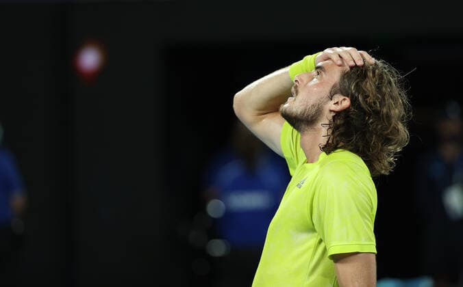 (210217) -- MELBOURNE, Feb. 17, 2021 -- Stefanos Tsitsipas celebrates after winning the men s singles quarterfinal match between Rafael Nadal of Spain and Stefanos Tsitsipas of Greece at Australian Open in Melbourne Park, in Melbourne, Australia, on Feb. 17, 2021. ) (SP)AUSTRALIA-MELBOURNE-TENNIS-AUSTRALIAN OPEN-DAY 10 BaixXuefei 