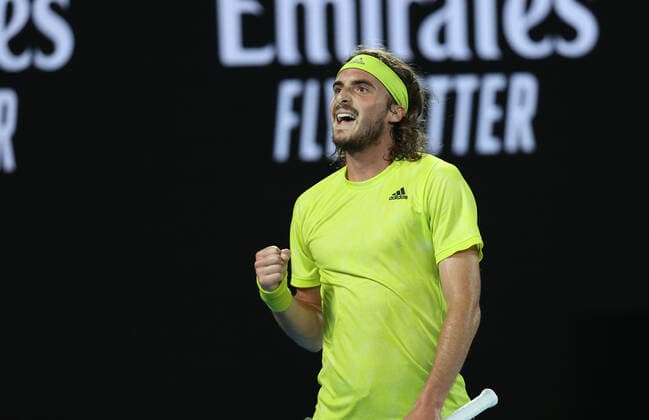 (210217) -- MELBOURNE, Feb. 17, 2021 -- Stefanos Tsitsipas celebrates after winning the men s singles quarterfinal match between Rafael Nadal of Spain and Stefanos Tsitsipas of Greece at Australian Open in Melbourne Park, in Melbourne, Australia, on Feb. 17, 2021. ) (SP)AUSTRALIA-MELBOURNE-TENNIS-AUSTRALIAN OPEN-DAY 10 BaixXuefei 