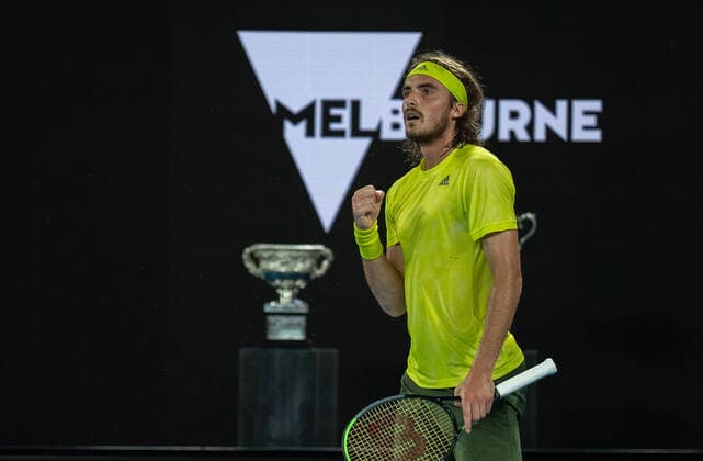 (210217) -- MELBOURNE, Feb. 17, 2021 -- Stefanos Tsitsipas reacts during the men s singles quarterfinal match between Rafael Nadal of Spain and Stefanos Tsitsipas of Greece at Australian Open in Melbourne Park, in Melbourne, Australia, on Feb. 17, 2021. (Photo by Xinhua) (SP)AUSTRALIA-MELBOURNE-TENNIS-AUSTRALIAN OPEN-DAY 10 HuxJingchen 