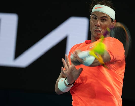 (210217) -- MELBOURNE, Feb. 17, 2021 -- Rafael Nadal competes during the men s singles quarterfinal match between Rafael Nadal of Spain and Stefanos Tsitsipas of Greece at Australian Open in Melbourne Park, in Melbourne, Australia, on Feb. 17, 2021. (Photo by Xinhua) (SP)AUSTRALIA-MELBOURNE-TENNIS-AUSTRALIAN OPEN-DAY 10 HuxJingchen 