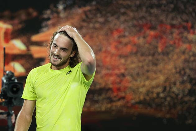 Sport Bilder des Tages (210217) -- MELBOURNE, Feb. 17, 2021 -- Stefanos Tsitsipas celebrates after winning the men s singles quarterfinal match between Rafael Nadal of Spain and Stefanos Tsitsipas of Greece at Australian Open in Melbourne Park, in Melbourne, Australia, on Feb. 17, 2021. ) (SP)AUSTRALIA-MELBOURNE-TENNIS-AUSTRALIAN OPEN-DAY 10 BaixXuefei 