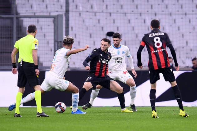 Fußball, Olympique Marseille - OGC Nizza 11 AMINE GOUIRI (NICE) - 03 ALVARO GONZALEZ (OM) FOOTBALL : Marseille vs Nice - Ligue 1 Uber Eats - 17 02 2021 FEP Panoramic 