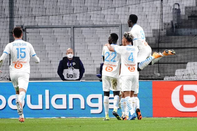 Joie - Saif Eddine Khaoui (Olympique de Marseille) - Pape Gueye (Olympique de Marseille) - Boubacar Kamara (Olympique de Marseille) FOOTBALL : Olympique de Marseille vs OGC Nice - Ligue 1 Uber Eats - Marseille - 17 02 2021 NorbertScanella PanoramiC 