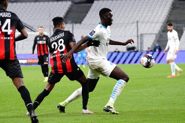 Pape Gueye (Olympique de Marseille) - Hicham Boudaoui (OGC Nice) FOOTBALL : Olympique de Marseille vs OGC Nice - Ligue 1 Uber Eats - Marseille - 17 02 2021 NorbertScanella PanoramiC 