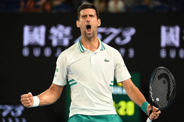 Sport Bilder des Tages TENNIS AUSTRALIAN OPEN, Novak Djokovic of Serbia reacts during his Men s singles semifinals match against Aslan Karatsev of Russia on Day 11 of the Australian Open at Melbourne Park in Melbourne, Thursday, February 18, 2021. ( NO ARCHIVING, EDITORIAL USE ONLY, NO USE IN BOOKS WITHOUT CONSENT MELBOURNE VIC AUSTRALIA  Copyright: xDAVExHUNTx 20210218001521430574