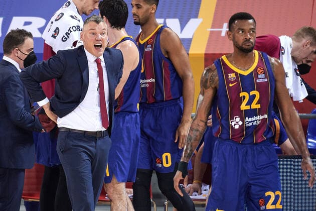 February 18, 2021, Barcelona, Spain: Sarunas Jasikevicius of FC Barcelona, Barca during the Turkish Airlines EuroLeague match between FC Barcelona and Zalgiris Kaunas at Palau Blaugrana in Barcelona, Spain. Barcelona Spain - ZUMAd159 20210218_zia_d159_025 Copyright: xGerardxFrancox