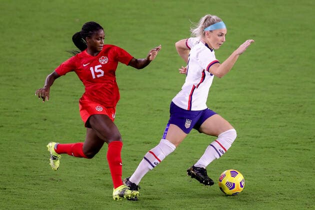 February 18, 2021: United States midfielder JULIE ERTZ (8) competes for the ball against Canada forward NICHELLE PRINCE (15) during the SheBelieves Cup United States vs Canada match at Exploria Stadium in Orlando, Fl on February 18, 2021. - ZUMAk149 20210218_zsp_k149_047 Copyright: xCoryxKnowltonx