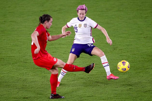 February 18, 2021: United States forward MEGAN RAPINOE (15) competes for the ball during the SheBelieves Cup United States vs Canada match at Exploria Stadium in Orlando, Fl on February 18, 2021. - ZUMAk149 20210218_zsp_k149_059 Copyright: xCoryxKnowltonx