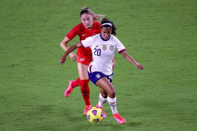 February 18, 2021: United States defender MARGARET PURCE (20) drives the ball during the SheBelieves Cup United States vs Canada match at Exploria Stadium in Orlando, Fl on February 18, 2021. - ZUMAk149 20210218_zsp_k149_083 Copyright: xCoryxKnowltonx