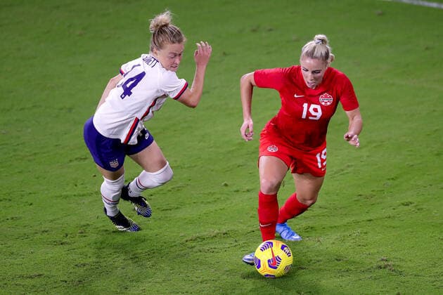 February 18, 2021: Canada forward ADRIANA LEON (19) competes for the ball against United States defender EMILY SONNETT (14) during the SheBelieves Cup United States vs Canada match at Exploria Stadium in Orlando, Fl on February 18, 2021. - ZUMAk149 20210218_zsp_k149_089 Copyright: xCoryxKnowltonx