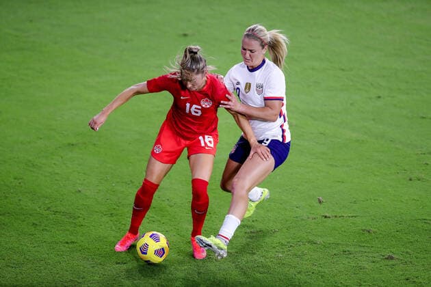 February 18, 2021: Canada forward JANINE BECKIE (16) competes for the ball against the United States midfielder LINDSEY HORAN (9) during the SheBelieves Cup United States vs Canada match at Exploria Stadium in Orlando, Fl on February 18, 2021. - ZUMAk149 20210218_zsp_k149_054 Copyright: xCoryxKnowltonx